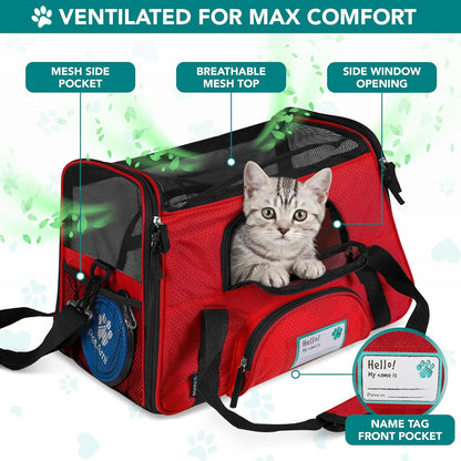 Airline Approved Pet Carrier for Cats & Small Dogs, Soft Sided TSA Travel Carrier Bag with Sherpa Bed, Breathable Mesh Ventilation, Collapsible Bowl, Fits under Seat, up to 18 Lbs, Small Red