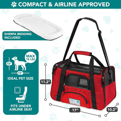 Airline Approved Pet Carrier for Cats & Small Dogs, Soft Sided TSA Travel Carrier Bag with Sherpa Bed, Breathable Mesh Ventilation, Collapsible Bowl, Fits under Seat, up to 18 Lbs, Small Red