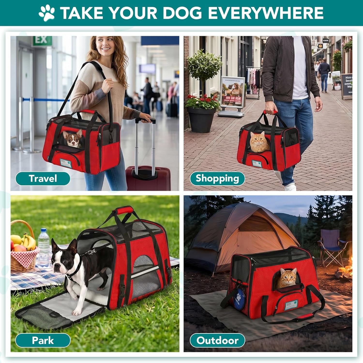 Airline Approved Pet Carrier for Cats & Small Dogs, Soft Sided TSA Travel Carrier Bag with Sherpa Bed, Breathable Mesh Ventilation, Collapsible Bowl, Fits under Seat, up to 18 Lbs, Small Red