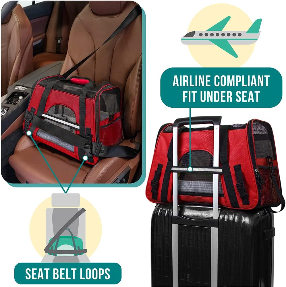Airline Approved Pet Carrier for Cats & Small Dogs, Soft Sided TSA Travel Carrier Bag with Sherpa Bed, Breathable Mesh Ventilation, Collapsible Bowl, Fits under Seat, up to 18 Lbs, Small Red