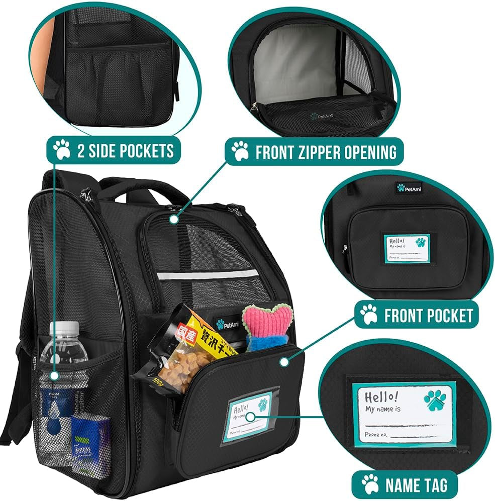Dog Backpack Carrier for Small Medium Dogs Large Cats up to 18 Lbs, 2 Side Entry, Structured No-Collapse Frame, Airline Approved Ventilated Pet Backpack for Hiking Camping Travel Vet, Black